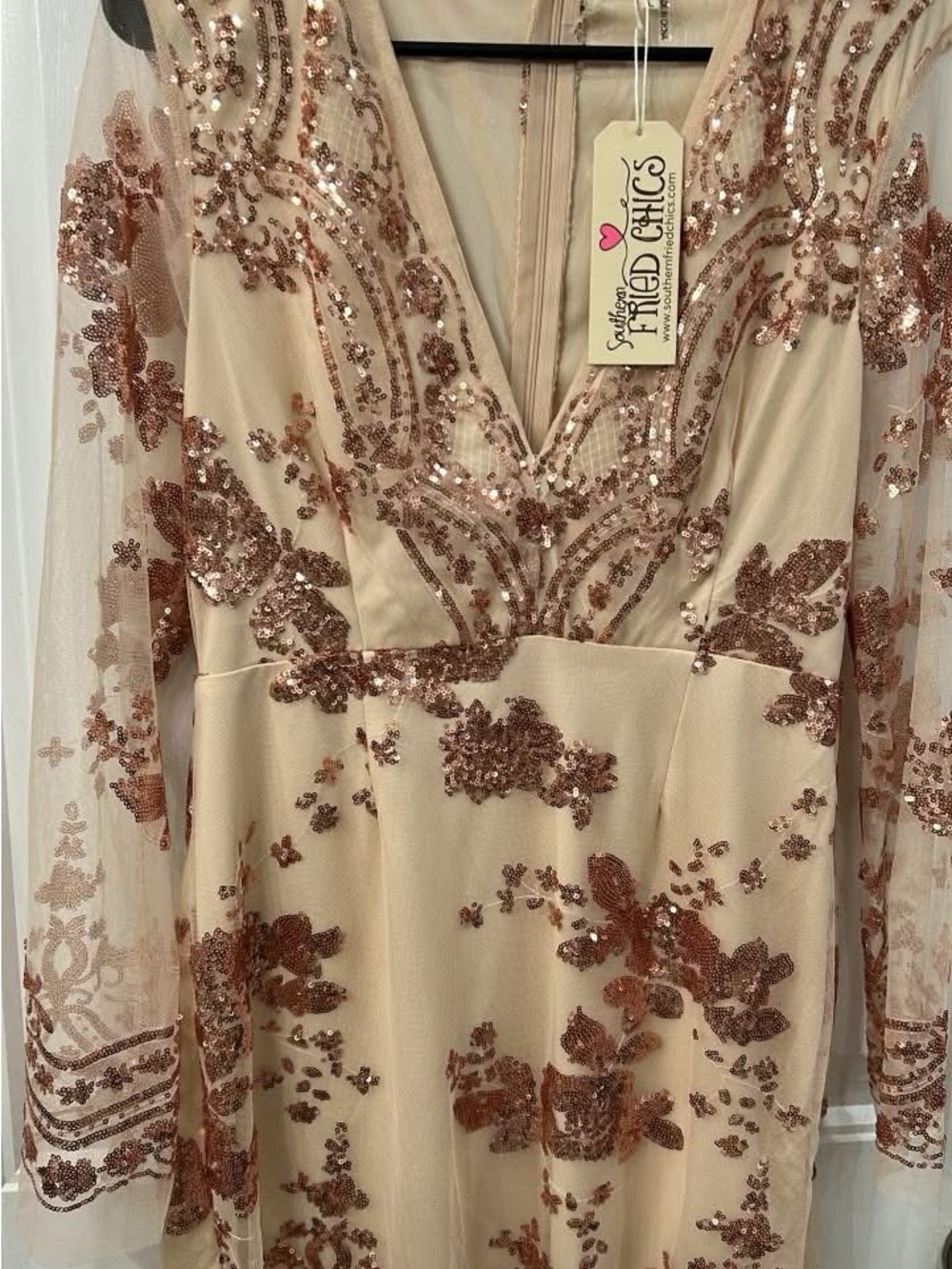 Long Sleeve Sequin Floral V-Neck Dress in Nude with Rose Gold